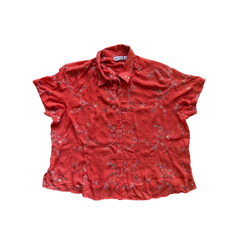 Apparenza Womens 3X Coral Orange Floral Embroidered Button Down Short Sleeve Top